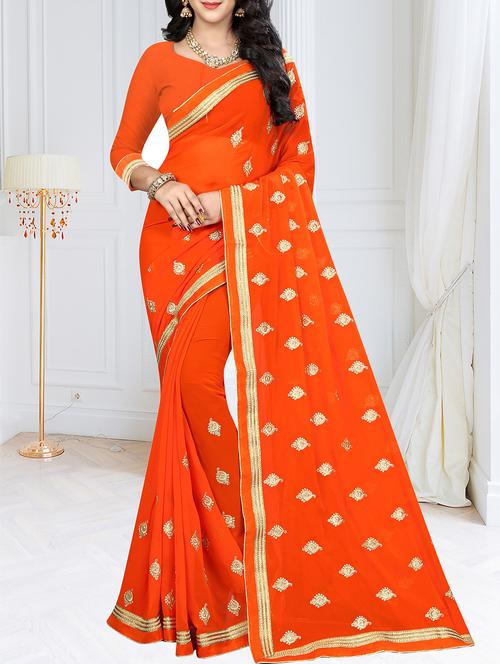 lace border orange embroidered saree - 16113250 - Very Small Image - 1
