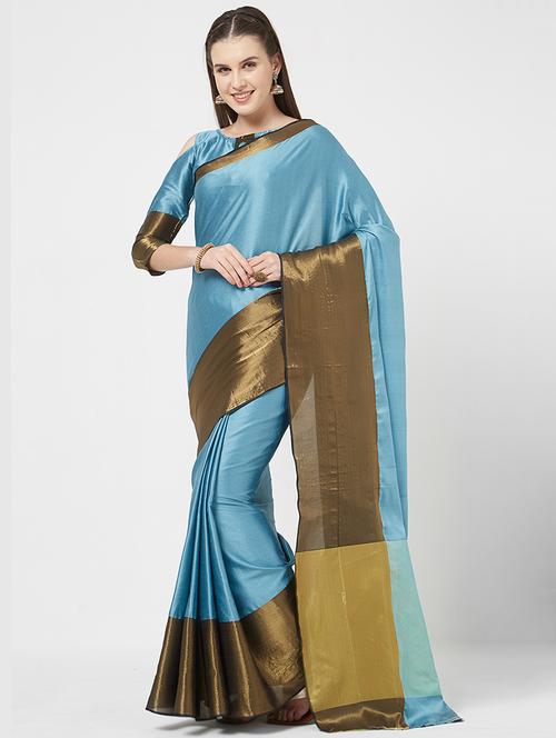 zari border sky blue saree - 16113758 - Very Small Image - 1
