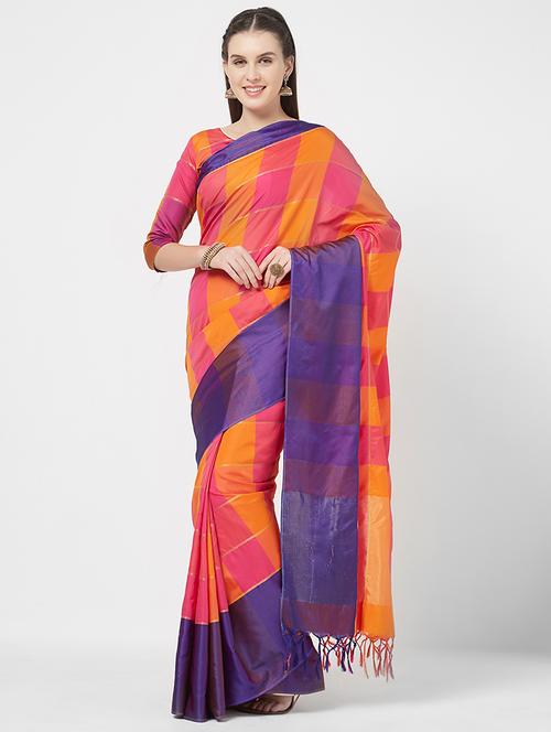 contrast checkered zari woven saree - 16113769 - Very Small Image - 1