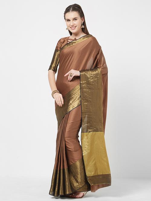 zari border brown saree - 16113778 - Very Small Image - 1