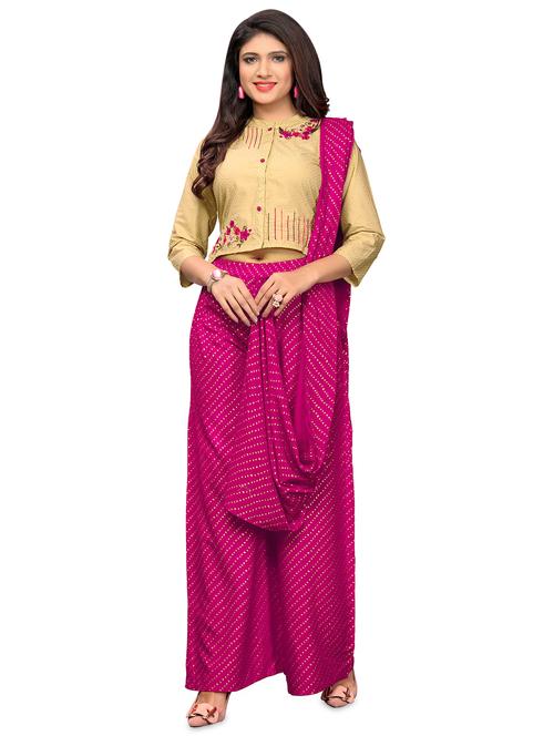 foil printed fusion palazzo saree with blouse - 16114399 - Very Small Image - 1
