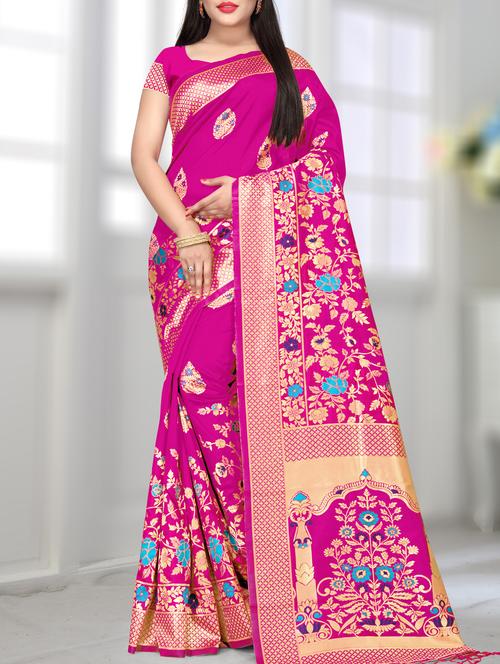 floral zari motif magenta banarasi saree with blouse - 16114459 - Very Small Image - 1