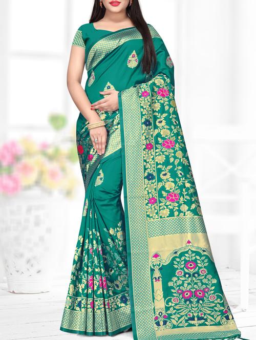 floral zari motif turquoise banarasi saree with blouse - 16114460 - Very Small Image - 1