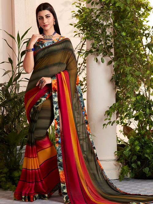 striped embellished printed saree with blouse - 16114967 - Very Small Image - 1