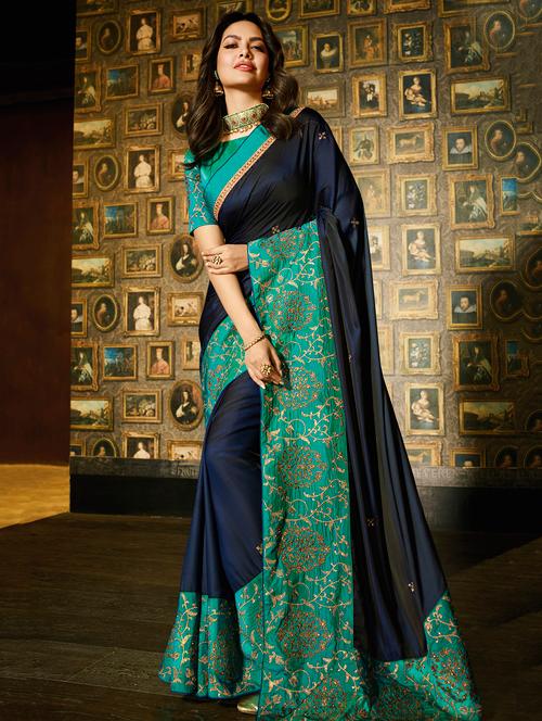 embroidered border navy saree with blouse - 16119961 - Very Small Image - 1