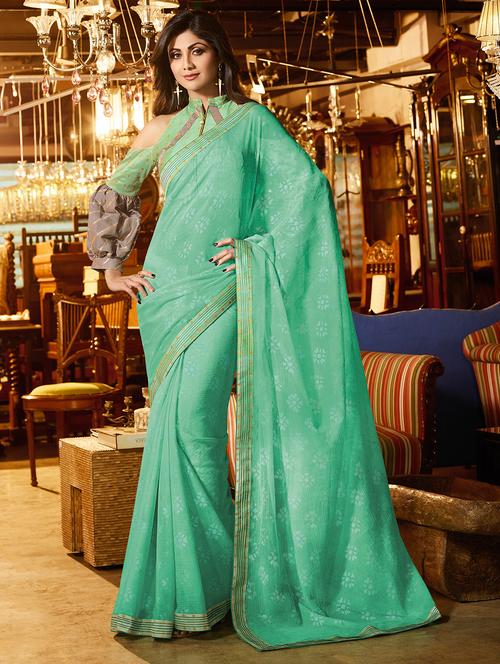 turquoise brasso saree with blouse - 16119980 - Very Small Image - 1
