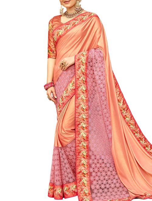 floral border peach embroidered saree - 16120336 - Very Small Image - 1