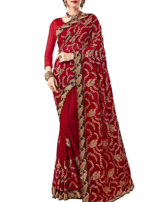 maroon floral embroidered saree - 16120347 - Very Small Image - 1