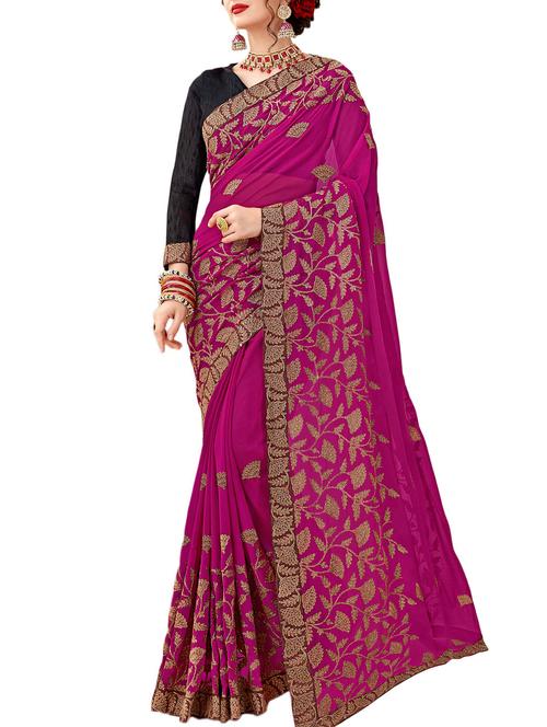 magenta floral embroidered saree - 16120351 - Very Small Image - 1