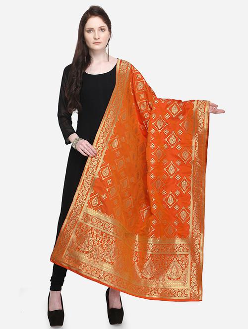orange self designed banarasi dupatta - 16120441 - Very Small Image - 1