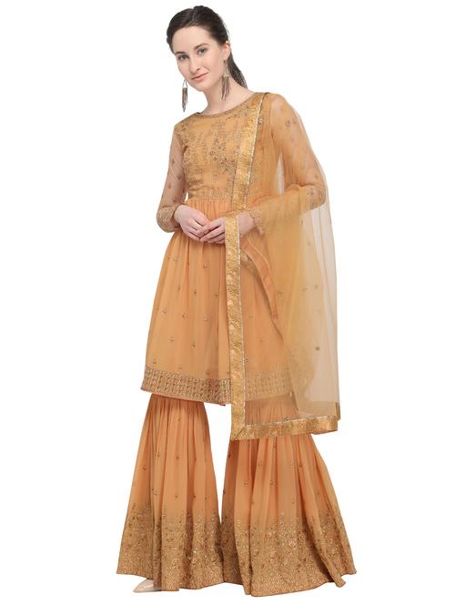 mustard zardozi embellished unstitched sharara suit - 16120910 - Very Small Image - 1