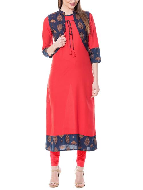 red straight kurta with printed jacket - 16121088 - Very Small Image - 1