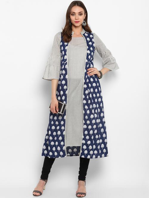 indigo bell sleeves layered kurta - 16124132 - Very Small Image - 1