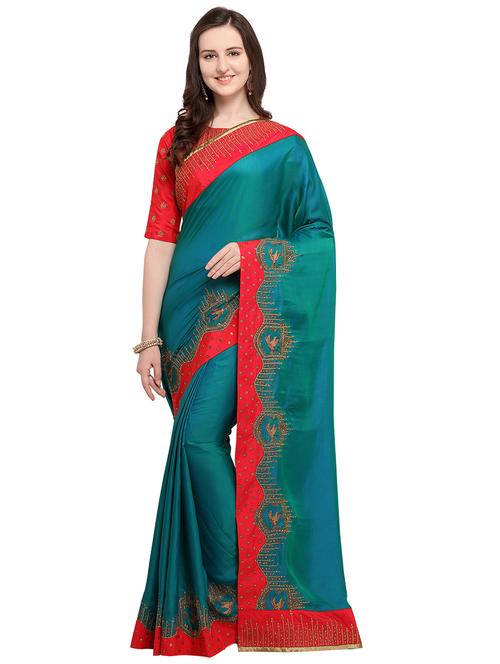 contrast border green embroidered saree with blouse - 16124452 - Very Small Image - 1