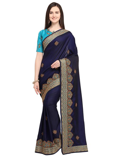 lace border navy embroidered saree with blouse - 16124456 - Very Small Image - 1