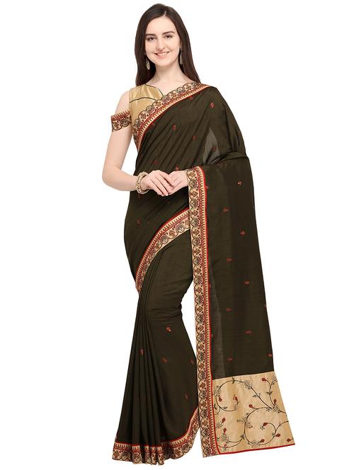 contrast border brown embroidered saree with blouse - 16124462 - Very Small Image - 1