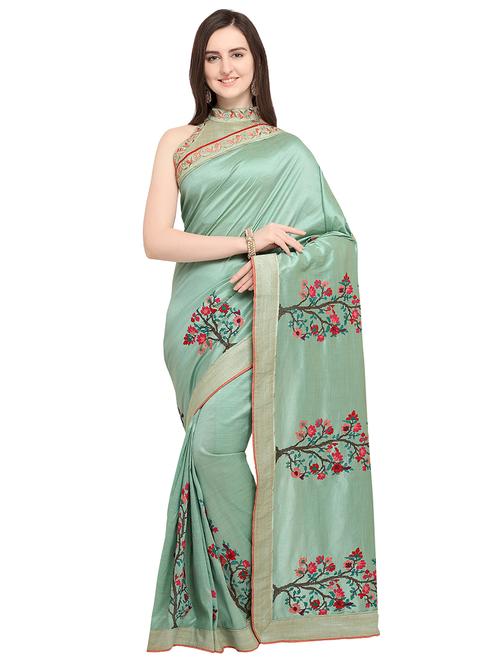 turquoise floral embroidered saree with blouse - 16124463 - Very Small Image - 1