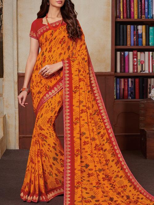 orange floral printed saree - 16129916 - Very Small Image - 1