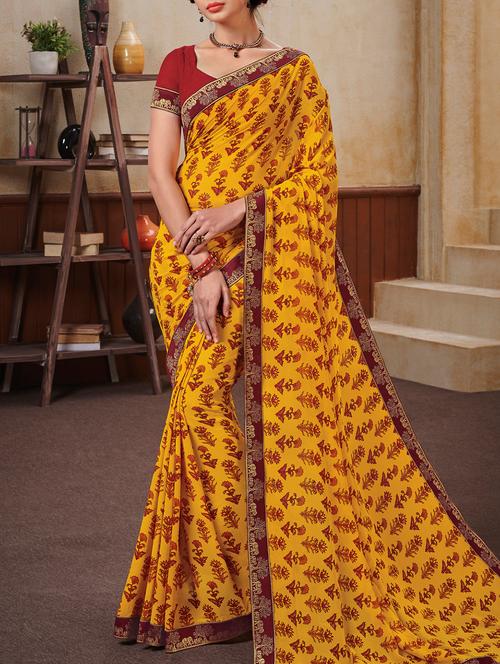 yellow floral printed saree - 16129917 - Very Small Image - 1