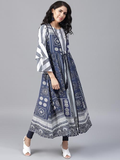striped a-line kurta with printed jacket - 16130268 - Very Small Image - 1