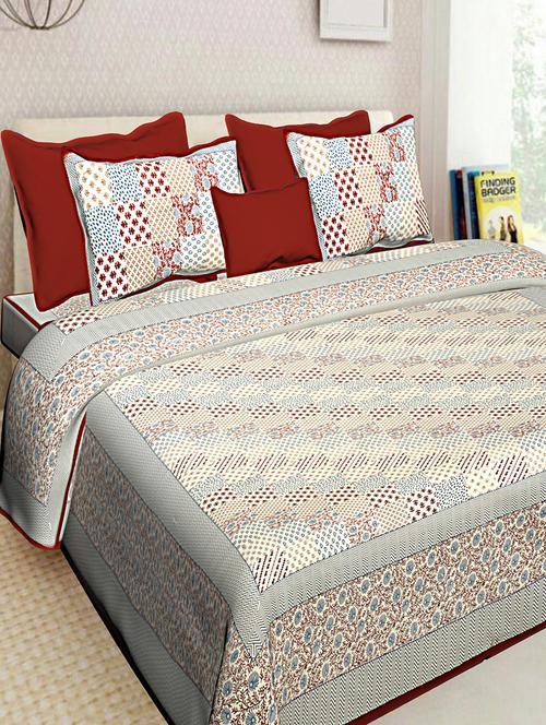 jaipuri traditional print 100% cotton double bedsheet with 2 pillow covers - 16130536 - Very Small Image - 1