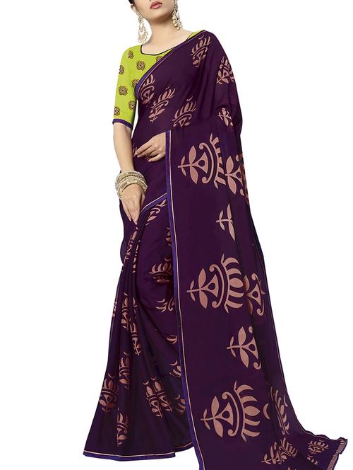 purple ethnic motifs printed saree with blouse - 16130556 - Very Small Image - 1