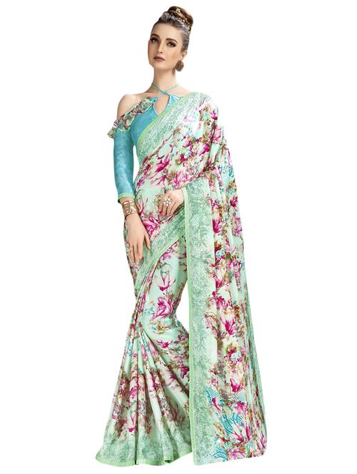 turquoise floral printed saree with blouse - 16130561 - Very Small Image - 1
