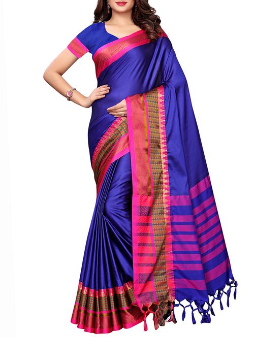 contrast zari border blue woven saree with blouse - 16130591 - Very Small Image - 1