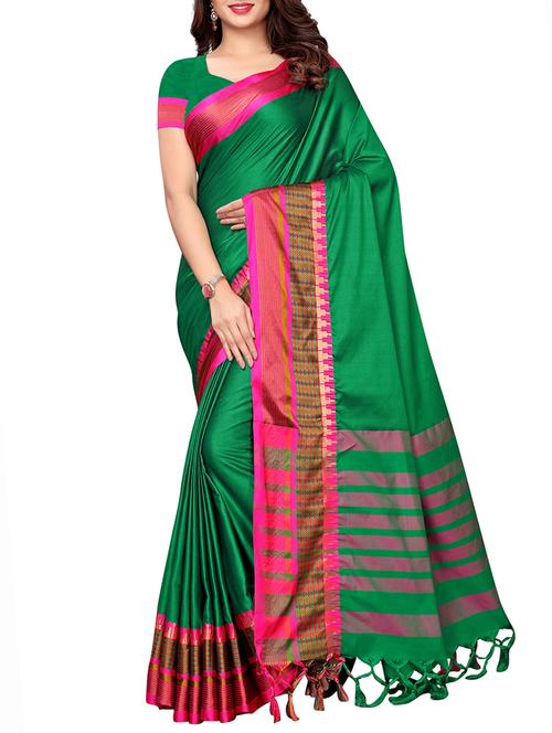 contrast border green woven saree with blouse - 16130596 - Very Small Image - 1