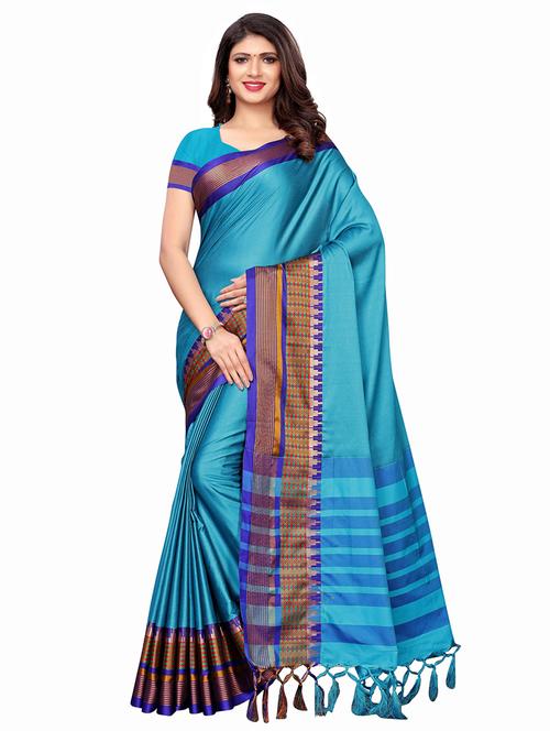 contrast border turquoise woven saree with blouse - 16130597 - Very Small Image - 1