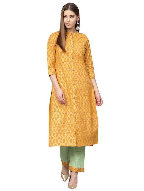 yellow foil printed kurta with palazzo set - 16131417 - Very Small Image - 1