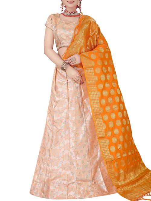 peach floral zari motif a-line lehenga - 16132275 - Very Small Image - 1