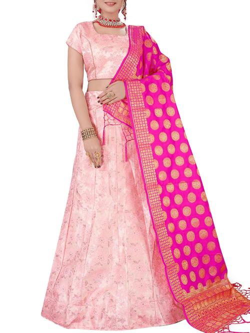 pink floral zari motif a-line lehenga - 16132278 - Very Small Image - 1