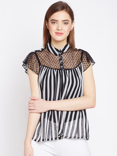 dobby panel striped sheer top - 16133740 - Very Small Image - 1