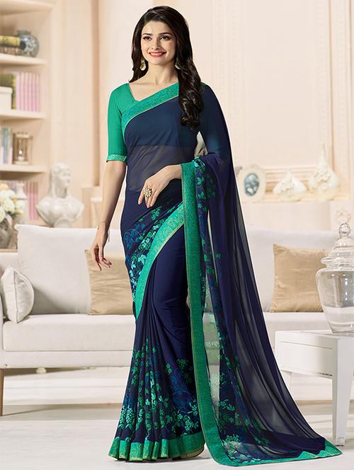 blue floral printed saree with blouse - 16134013 - Very Small Image - 1