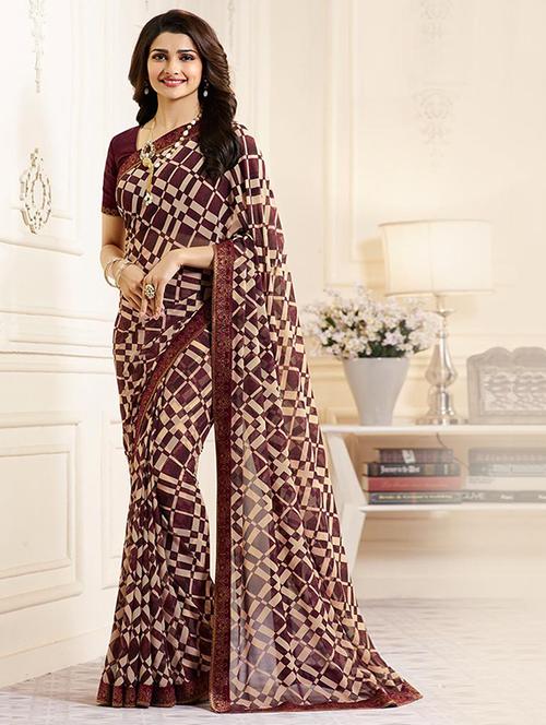checkered printed saree with blouse - 16134028 - Very Small Image - 1