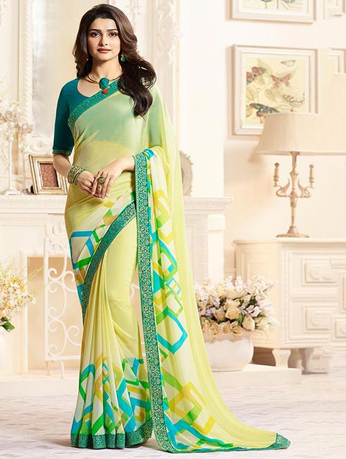 yellow geometrical printed saree with blouse - 16134033 - Very Small Image - 1