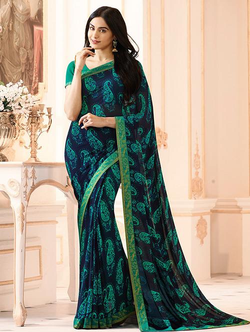 blue paisley printed saree with blouse - 16134052 - Very Small Image - 1
