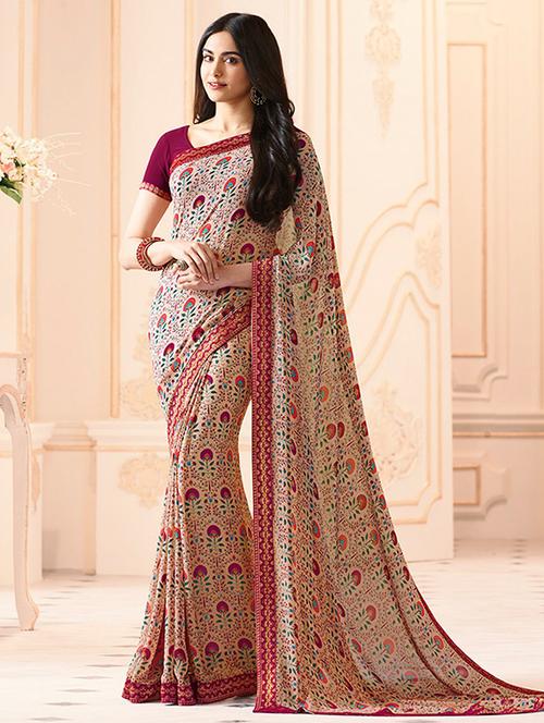 beige printed saree with blouse - 16134054 - Very Small Image - 1