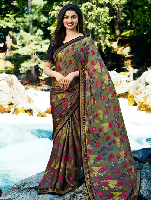digital floral printed saree with blouse - 16134123 - Very Small Image - 1