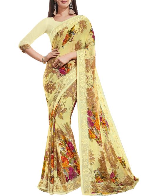 embroidered border floral printed saree with blouse - 16135557 - Very Small Image - 1