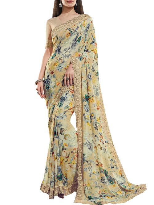embroidered border floral printed saree with blouse - 16135560 - Very Small Image - 1