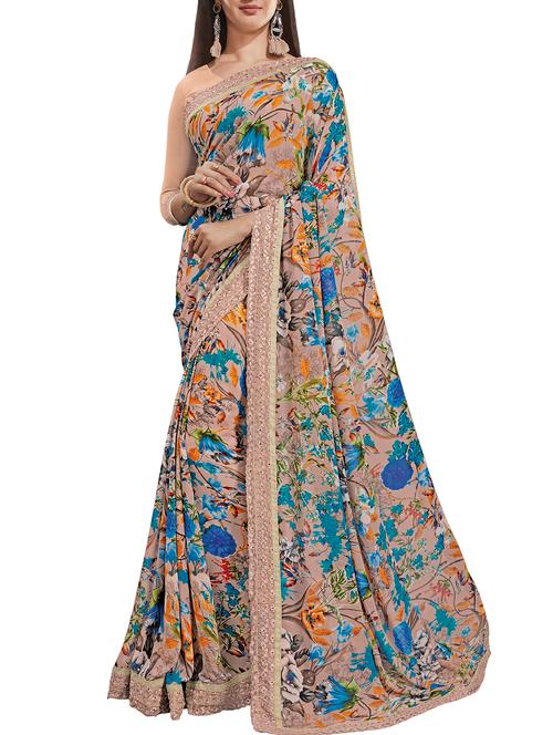 embroidered border floral printed saree with blouse - 16135564 - Very Small Image - 1