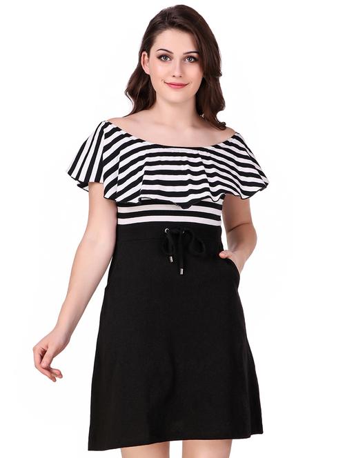 ruffled off shoulder striped a-line dress - 16137602 - Very Small Image - 1