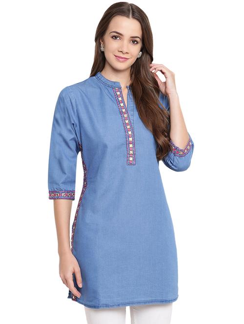 embroidered blue straight kurti - 16137770 - Very Small Image - 1