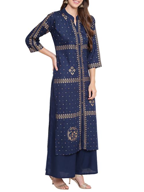 foil printed straight kurta with palazzo set - 16137831 - Very Small Image - 1