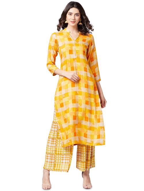 yellow checkered kurta palazzo set - 16138787 - Very Small Image - 1