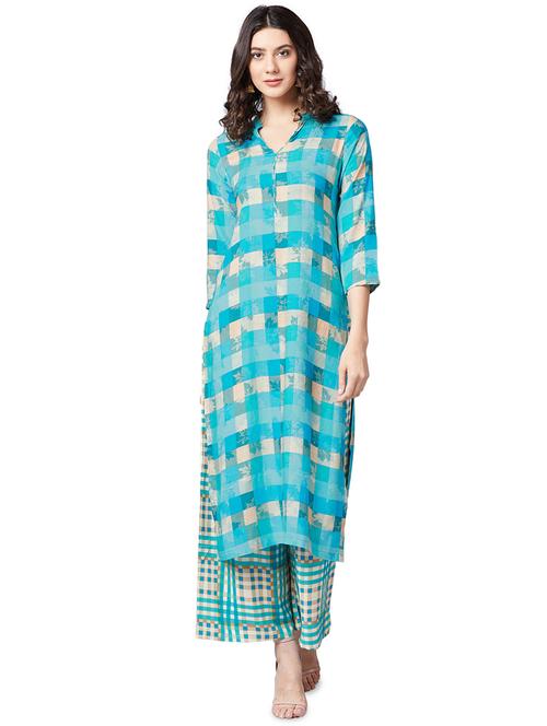 turquoise checkered kurta palazzo set - 16138788 - Very Small Image - 1
