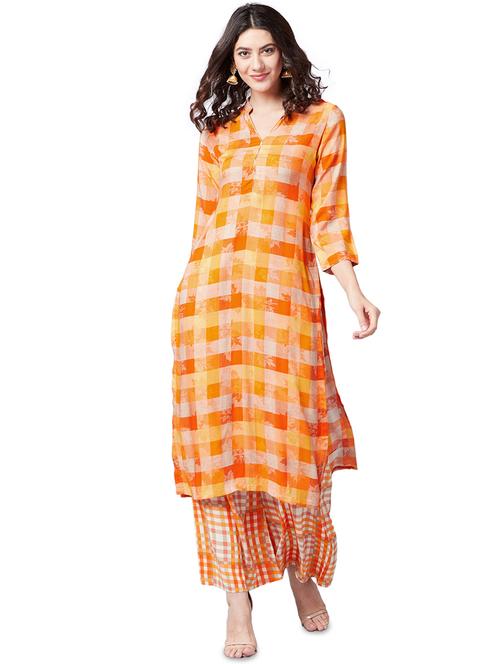 orange checkered kurta palazzo set - 16138789 - Very Small Image - 1