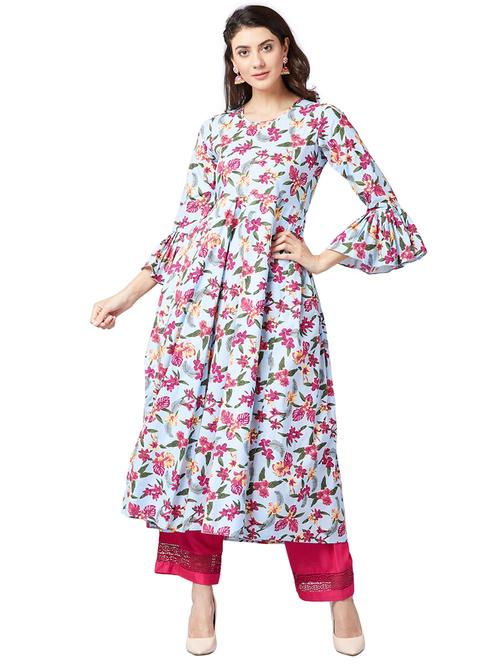 bell sleeved floral flared kurta - 16138835 - Very Small Image - 1